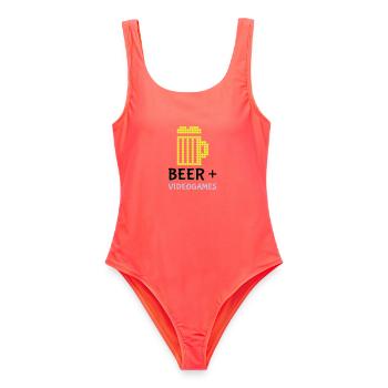 Pixel-Bier-Videospiele - Frauen Badeanzug - Korallenrot - Vorne - AI Model Female 172 light (172cm)