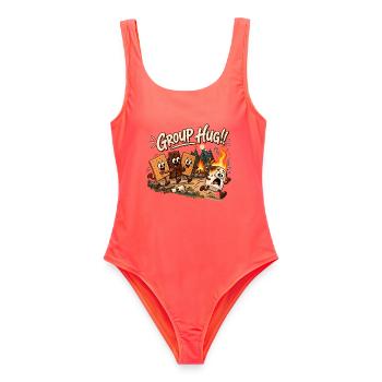 Group Hug | S'mores Lagerfeuer Humor - Frauen Badeanzug - Korallenrot - Vorne - AI Model Female 172 light (172cm)