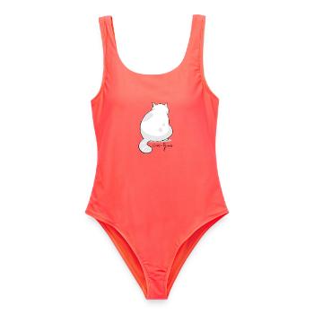 Rückansicht Flauschige Katzensilhouette - Frauen Badeanzug - Korallenrot - Vorne - AI Model Female 172 light (172cm)