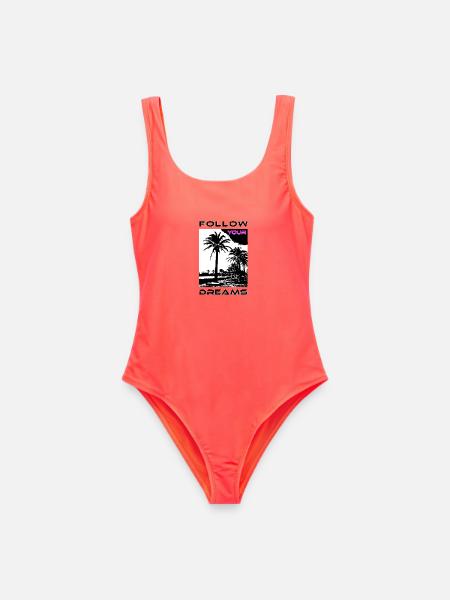Palmen pink violett Motiv und Text - Frauen Badeanzug - Korallenrot