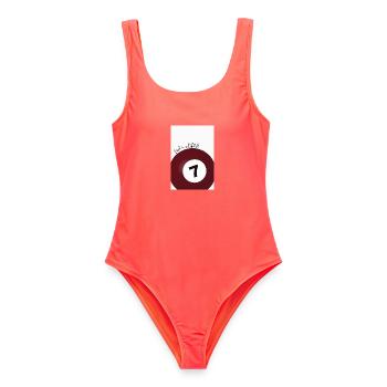 Luck Is a Lifestyle – Billardkugel Nr. 7 - Frauen Badeanzug - Korallenrot - Vorne - AI Model Female 172 light (172cm)