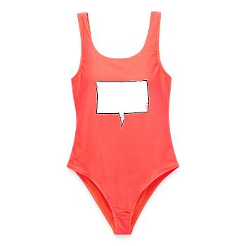 Eckige Sprechblase in Weiß used look - Frauen Badeanzug - Korallenrot - Vorne - AI Model Female 172 light (172cm)