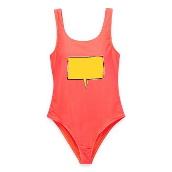 Eckige Sprechblase in Gelb used look - Frauen Badeanzug - Korallenrot - Vorne - AI Model Female 172 light (172cm)