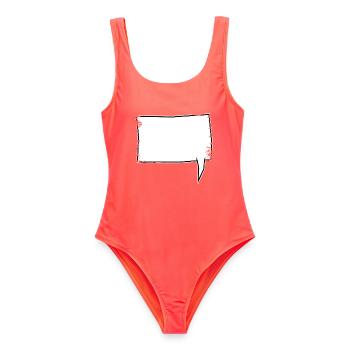 Eckige Sprechblase rechts in Weiß used look - Frauen Badeanzug - Korallenrot - Vorne - AI Model Female 172 light (172cm)