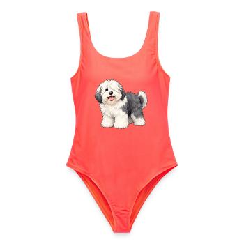 Old English Sheepdog Kawaii Style – Bobtail - Frauen Badeanzug - Korallenrot - Vorne - AI Model Female 172 light (172cm)