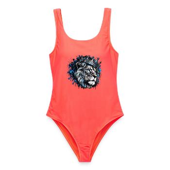 Blauer Löwenkönig Kronenporträt - Frauen Badeanzug - Korallenrot - Vorne - AI Model Female 172 light (172cm)
