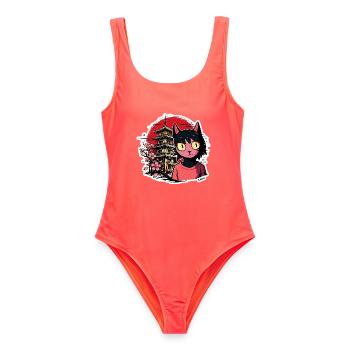 Cherry Kat and Pagoda Dream - Women's Swimsuit - coral - Front - AI Model Female 172 light (172cm)