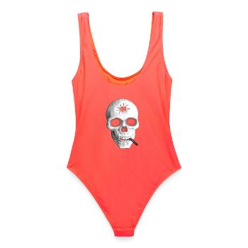 Smoking Skull Bullet Hole Dark Art Design - Frauen Badeanzug - Korallenrot - Hinten - AI Model Female 172 light (172cm)