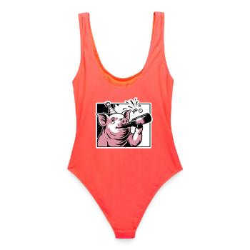 Schweinchen mit Party- und Feierflasche - Frauen Badeanzug - Korallenrot - Hinten - AI Model Female 172 light (172cm)