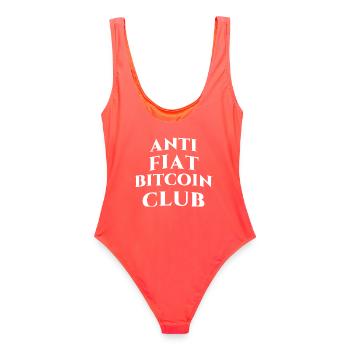 ANTI FlAT-SYSTEM BITCOIN CLUB - Frauen Badeanzug - Korallenrot - Hinten - AI Model Female 172 light (172cm)