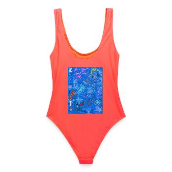 Blauer Kosmischer Doodle - Frauen Badeanzug - Korallenrot - Hinten - AI Model Female 172 light (172cm)