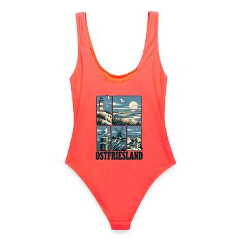 Ostfriesland North Sea Coast - Frauen Badeanzug - Korallenrot - Hinten - AI Model Female 172 light (172cm)