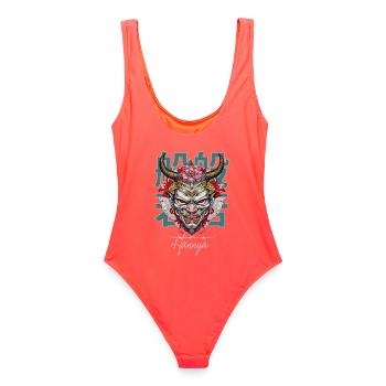 Japanese Hannya Mask: Lotus & Horns - Frauen Badeanzug - Korallenrot - Hinten - AI Model Female 172 light (172cm)