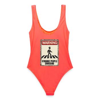 WARNING - Strange People Crossing - Punker - Frauen Badeanzug - Korallenrot - Hinten - AI Model Female 172 light (172cm)