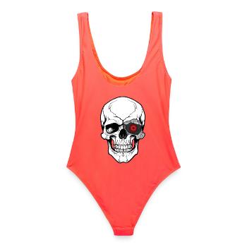 Mecha Skull Tech Art - Frauen Badeanzug - Korallenrot - Hinten - AI Model Female 172 light (172cm)