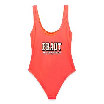 Braut Hauptverantwortliche – Polterabend - Frauen Badeanzug - Korallenrot - Hinten - AI Model Female 172 light (172cm)