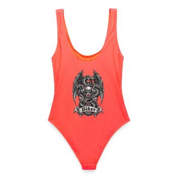 Biker – Totenkopf, Schlange & dunkle Flügel - Frauen Badeanzug - Korallenrot - Hinten - AI Model Female 172 light (172cm)
