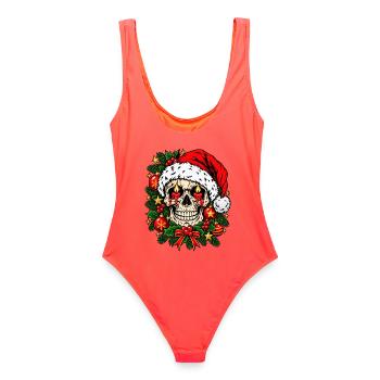Christmas Skull - Frauen Badeanzug - Korallenrot - Hinten - AI Model Female 172 light (172cm)