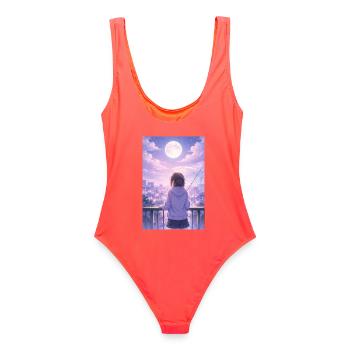 Luna Urban Im Regen - Frauen Badeanzug - Korallenrot - Hinten - AI Model Female 172 light (172cm)