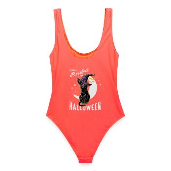 Chats d'Halloween avec des chapeaux de sorcière - Maillot de bain femme - corail - Dos - AI Model Female 172 light (172cm)