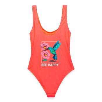 Bee Happy, Kolibri Liebe, Blumen Glück - Frauen Badeanzug - Korallenrot - Hinten - AI Model Female 172 light (172cm)