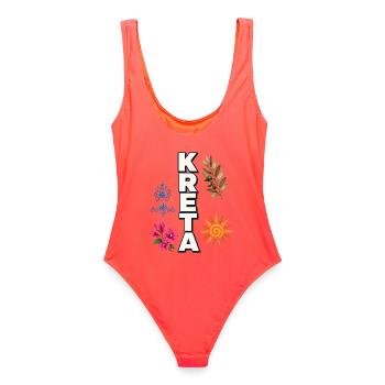 Kreta Urlaub mit Sonne, Olivenzweig & Blüten - Frauen Badeanzug - Korallenrot - Hinten - AI Model Female 172 light (172cm)