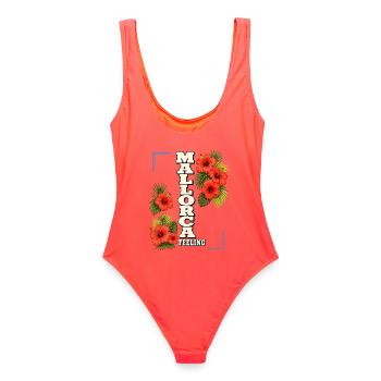 Mallorca Feeling mit Hibiskus & Tropenblättern - Frauen Badeanzug - Korallenrot - Hinten - AI Model Female 172 light (172cm)