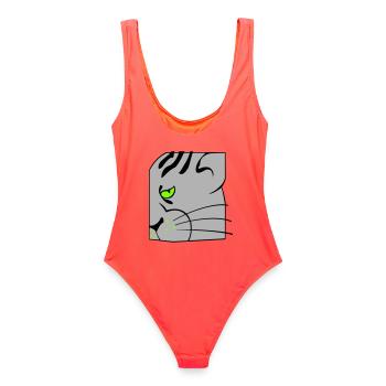 Katze - Frauen Badeanzug - Korallenrot - Hinten - AI Model Female 172 light (172cm)