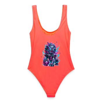 Neon Cyber Foo Dog Wächter - Frauen Badeanzug - Korallenrot - Hinten - AI Model Female 172 light (172cm)