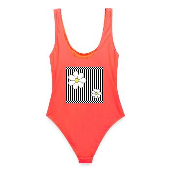 Stripes & Flowers - Frauen Badeanzug - Korallenrot - Hinten - AI Model Female 172 light (172cm)