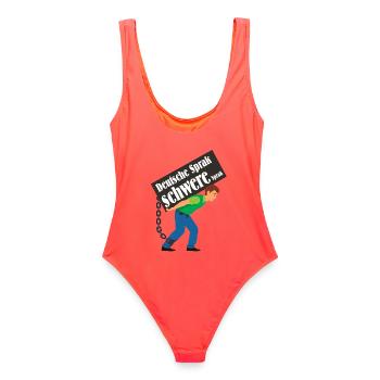 Bended man - gebückter Mann trägt Spruch - Frauen Badeanzug - Korallenrot - Hinten - AI Model Female 172 light (172cm)