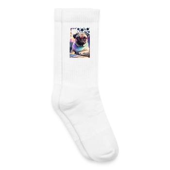 Office Dog Pug with Laptop and Pink Glasses Pop Art - Kids Tennis Socks - white - Right