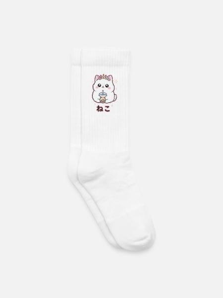 Cat Queen with Bubble Tea - Kids Tennis Socks - white