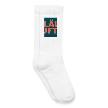Läuft bei dir- Große Typo in Koralle auf Teal - Kinder Tennissocken - Weiß - Rechts