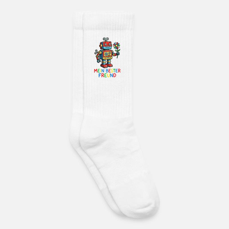Farbenfroher Roboterfreund mit Blume - Kinder Tennissocken - Weiß