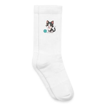 Schwarz-weißes Kawaii Kätzchen mit Nadelkissen (v02) - Kinder Tennissocken - Weiß - Rechts