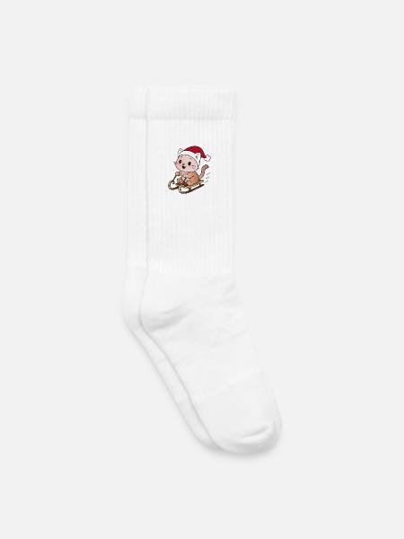 Ugly Christmas Katze auf dem Schlitten - Kinder Tennissocken - Weiß