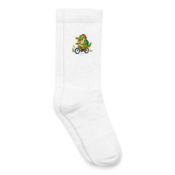 Cheerful crocodile riding a bicycle to school - Kids Tennis Socks - white - Right
