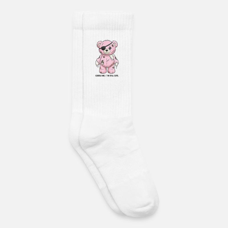Patchwork Pink Teddy Bear with Eye Patch - Kids Tennis Socks - white