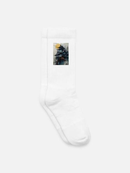 Pagoda under the moon in watercolor - Kids Tennis Socks - white