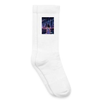 Futuristic city at night with woman - Kids Tennis Socks - white - Right