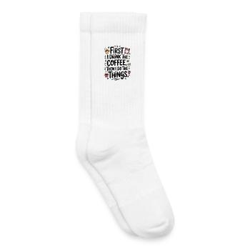 Kaffee Spruch First I Drink Coffee Kaffeetrinker - Kinder Tennissocken - Weiß - Rechts