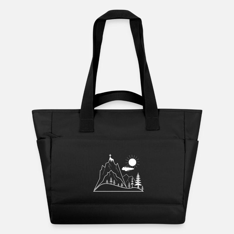 Illustration de la croix du sommet et du paysage de montagne - Sac matelassé déperlant - noir