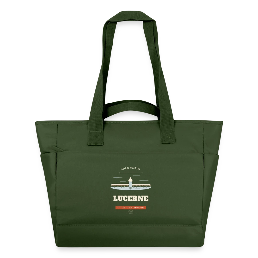Lucerne badge on a water-repellent padded bag, fir green