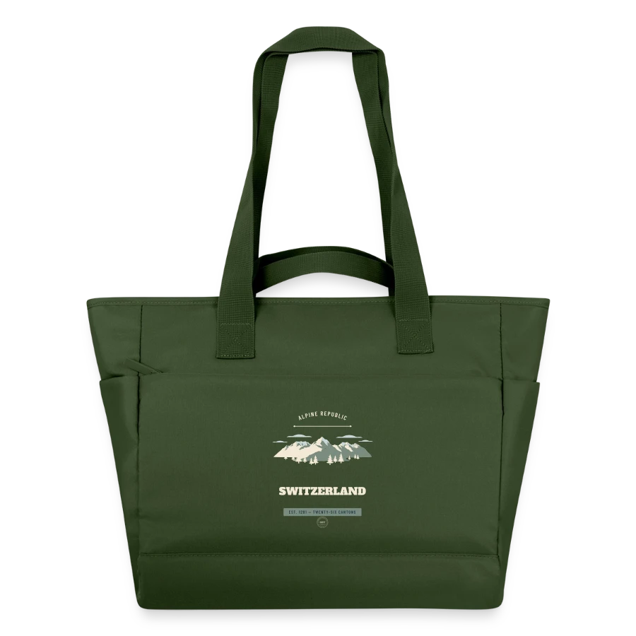 Switzerland badge on a water-repellent padded bag, fir green