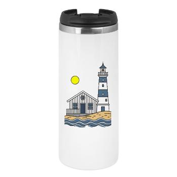 Leuchtturm und Strandhaus am Meer - Thermobecher - Weiß - Vorne