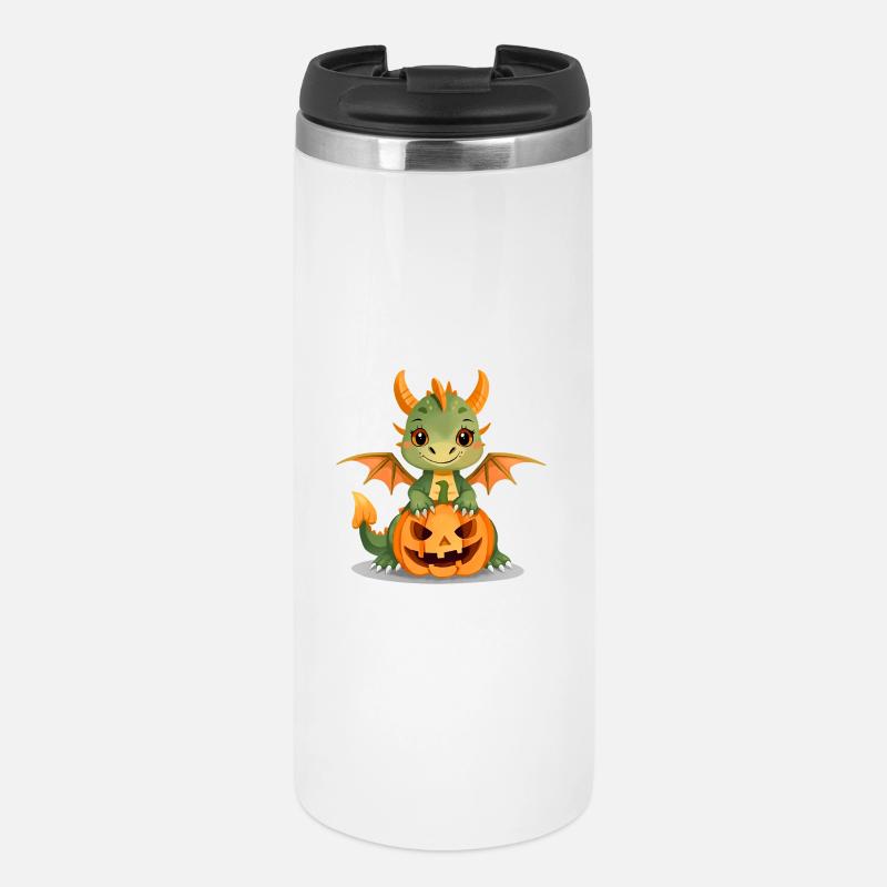 Mignon dragon vert avec citrouille d’Halloween - Mug isotherme - blanc