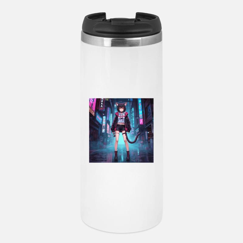 Chat néon dans le quartier cyber - Mug isotherme - blanc