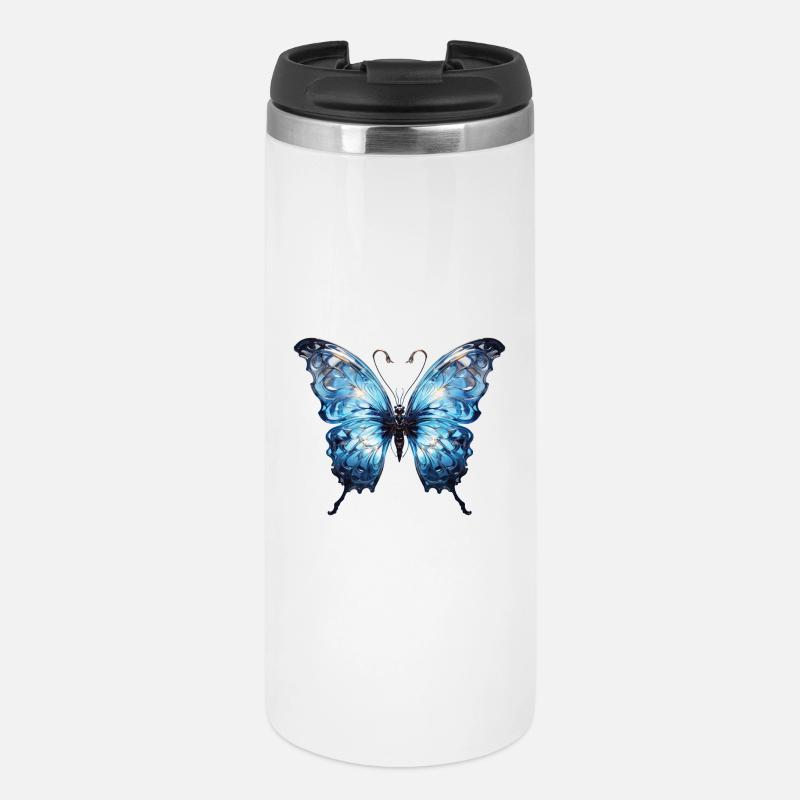 Blauer Schmetterling – Glanzvolles Insekten-Design - Thermobecher - Weiß