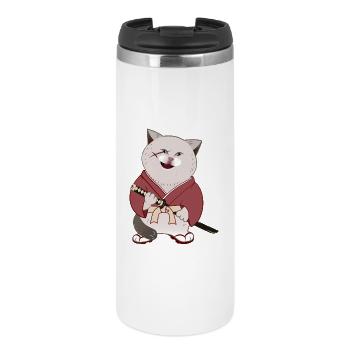Cute Chubby Samurai Cat holding Katana - Thermal Cup - white - Front